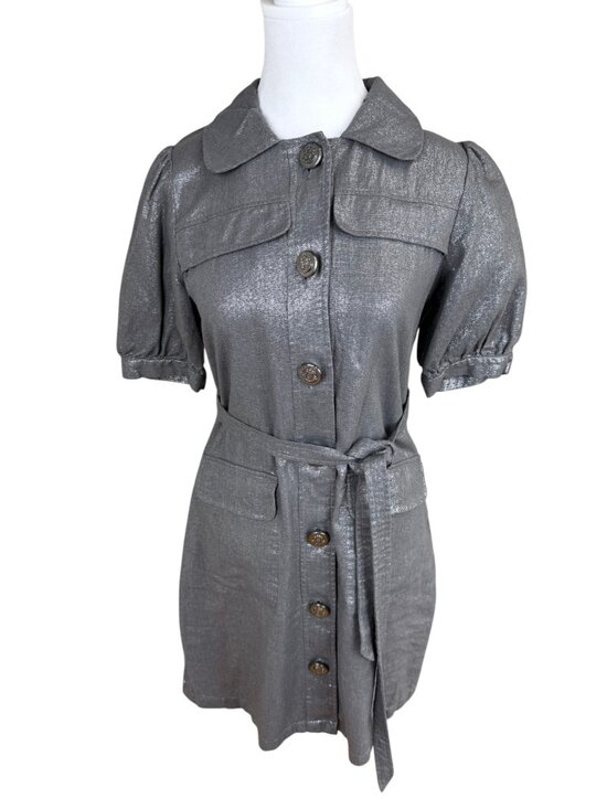 Vertigo Paris Dresses & Skirts - Vertigo Paris Linen Shirt Dress Silver Metallic Short Sleeve (S)